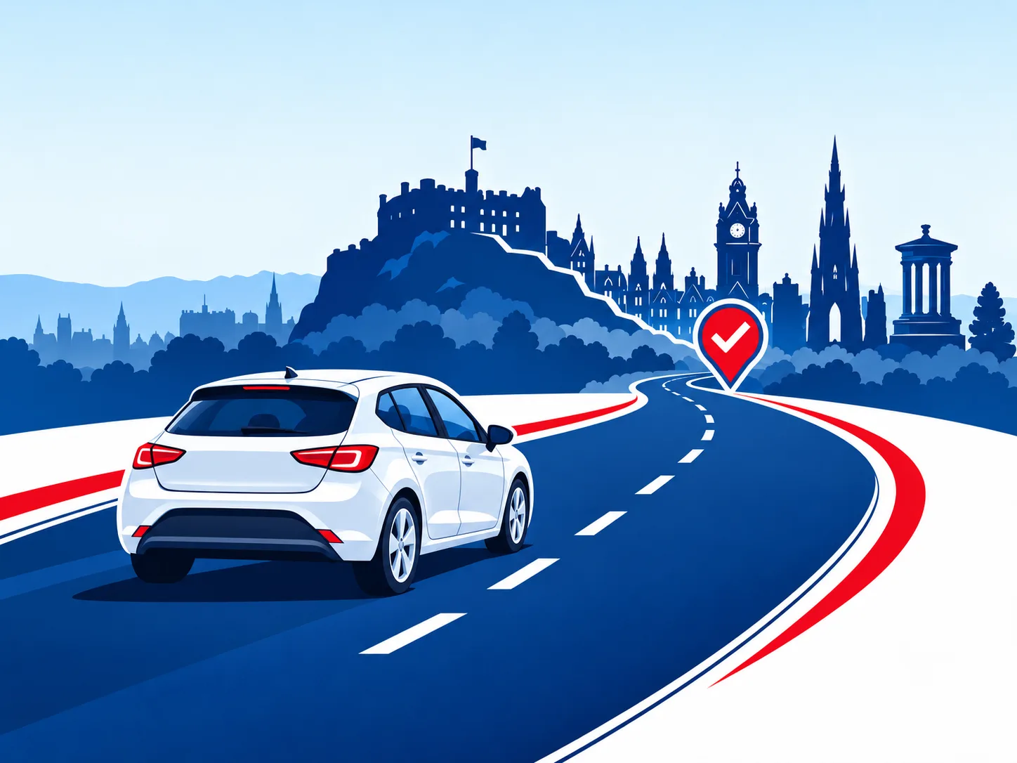 Illustrated manual learner car travelling towards Edinburgh